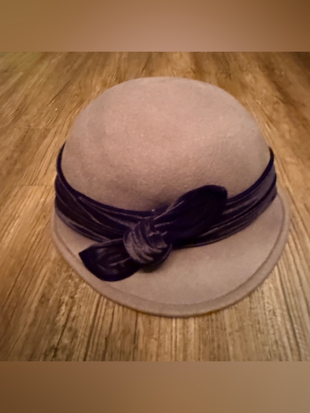 ADORA Taupe Cloche Hat with Black Velvet Bow Accent